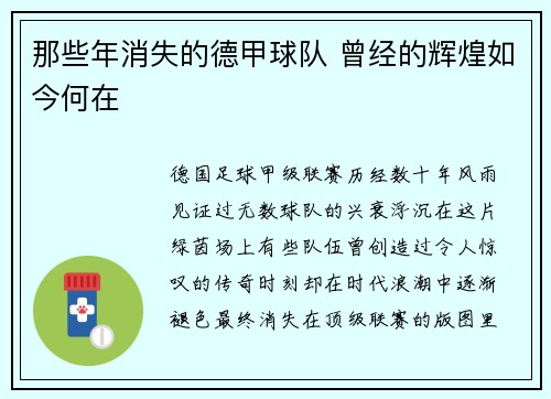 那些年消失的德甲球队 曾经的辉煌如今何在