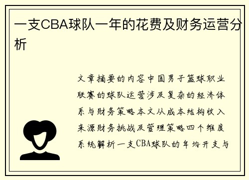 一支CBA球队一年的花费及财务运营分析