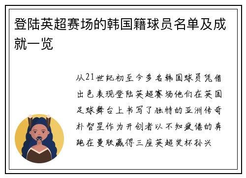 登陆英超赛场的韩国籍球员名单及成就一览